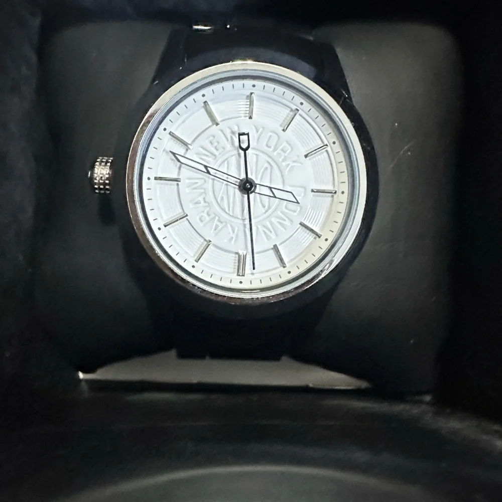DKNY White Dial Silver-Tone Bezel Black Strap Watch